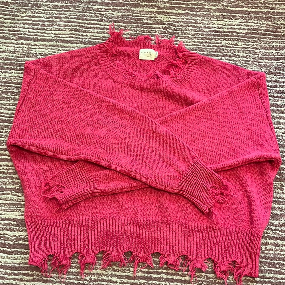 Hot Pink Preppy Sweater with Distressed Edge
